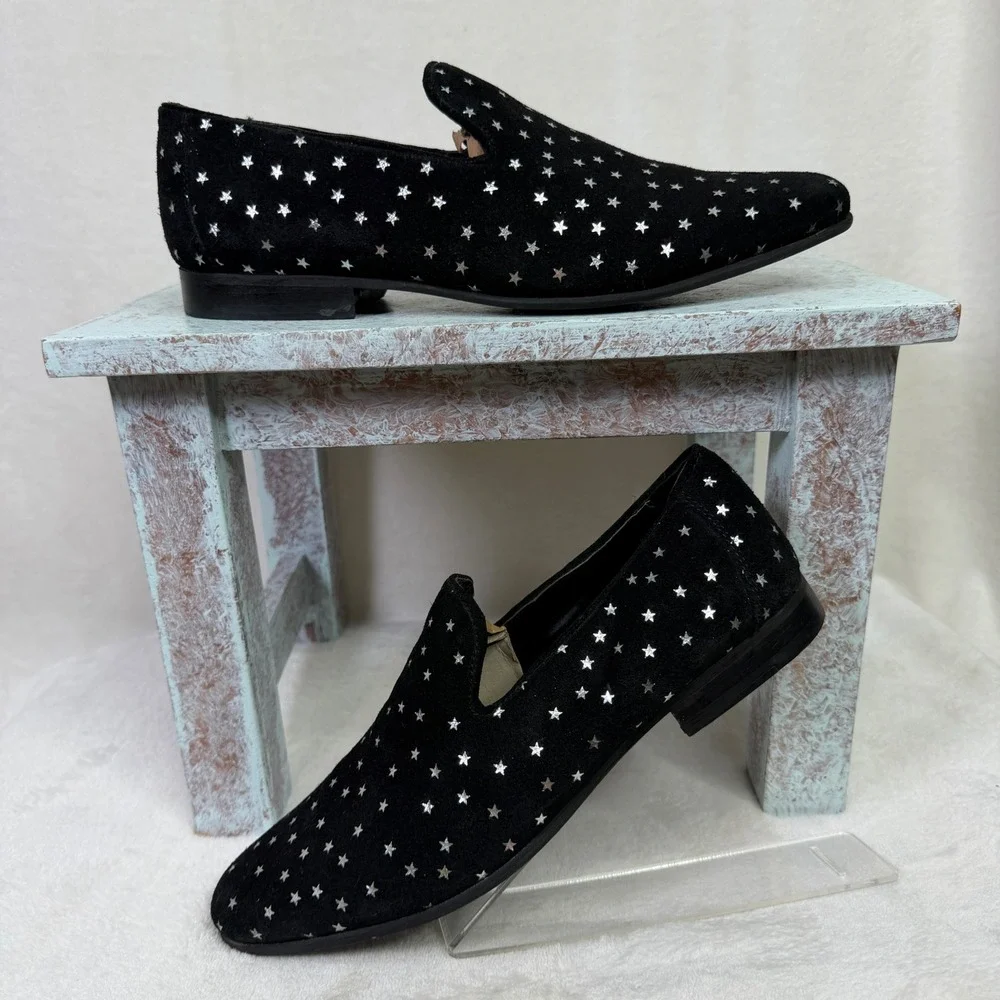 Walk London Loafers Mens 8 Black Suede Silver Star Print Slip On Dress Shoes